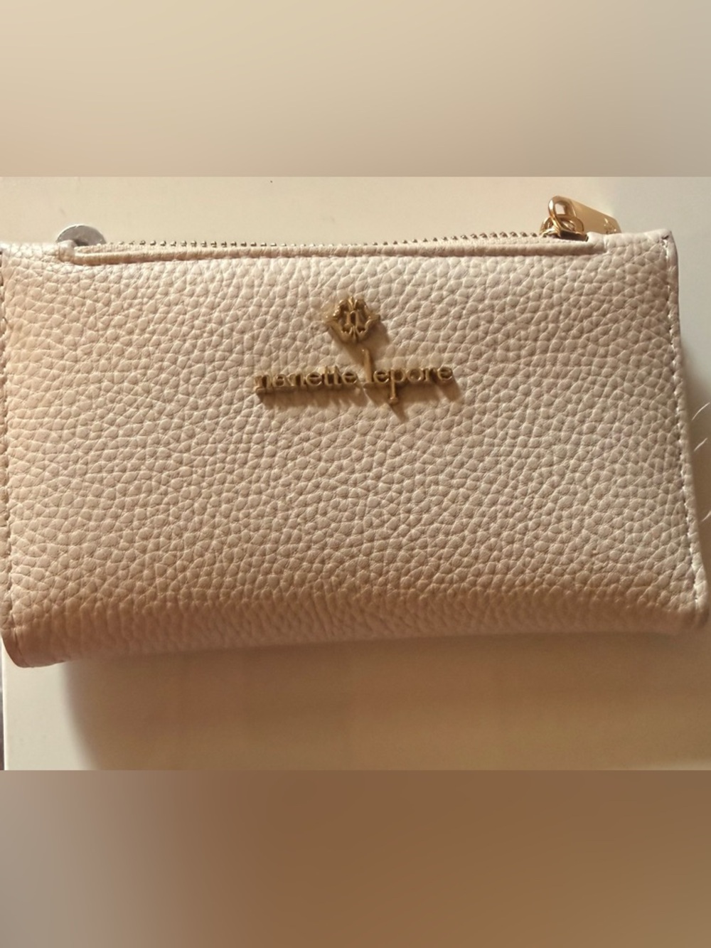 Nanette Lepore Beige Pebbled Leather Wallet with Gold Logo